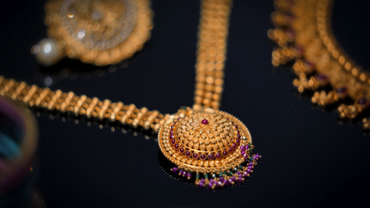 Gold jewellery displayed in a showcase