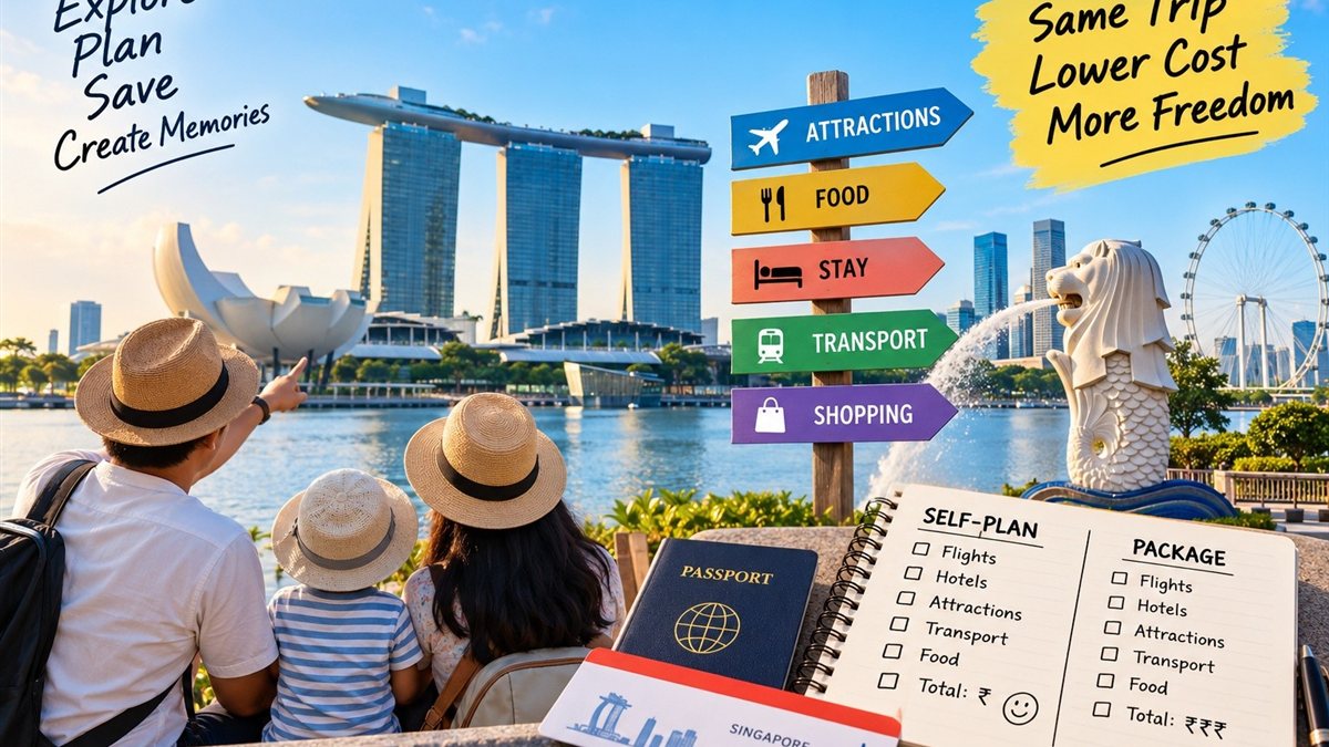A family looking at Marina Bay Sands and the Merlion in Singapore, next to a self-plan vs. package cost checklist